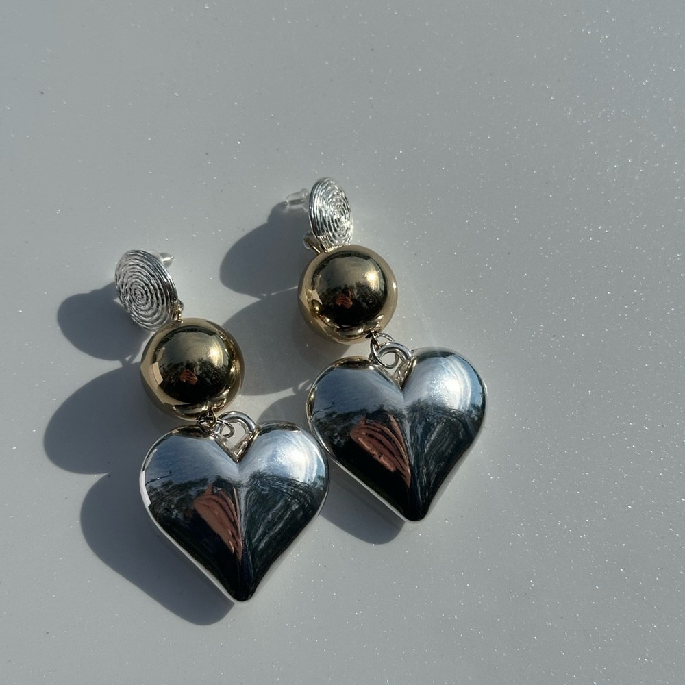 Gold and Silver Heart Drop Earrings - Picture 2 of 5